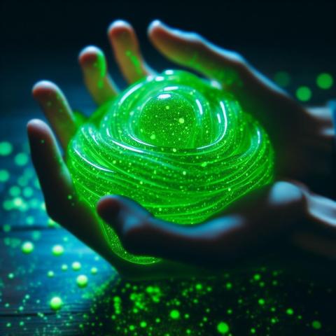 Two hands holding glow-in-the-dark slime