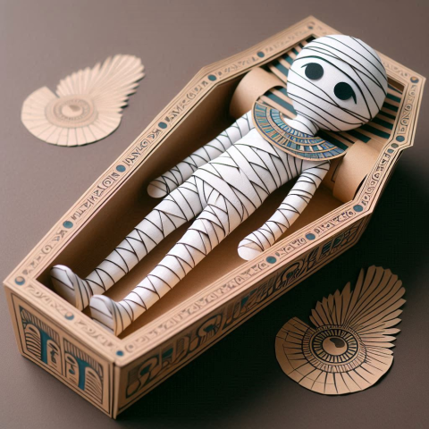 Image of a mummy doll in a paper sarcophagus.