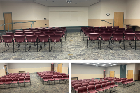 View of Roadrunner Room at Foothills Library including stage and seating.