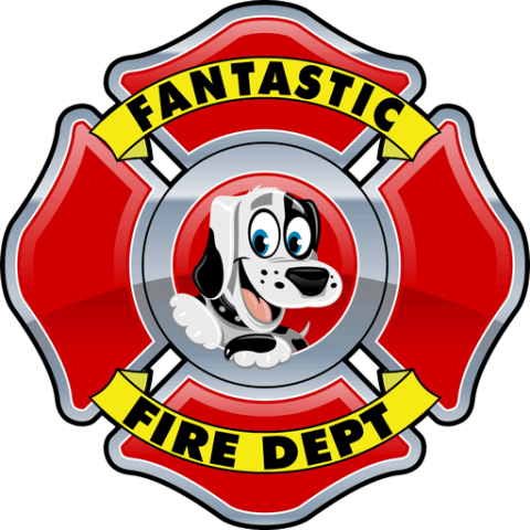 The Fantastic Fire Department Logo featuring a fire shield and a cartoon dalmation