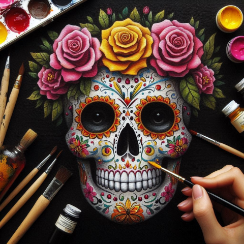 Painting of a sugar skull on a black canvas.