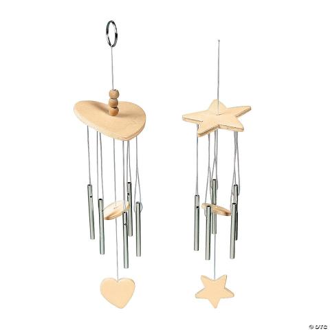 Image of a heart and star shaped wooden wind chimes. 