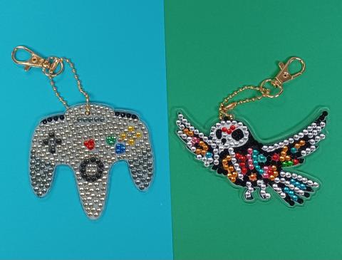 Diamond Art Nintendo 64 Controller and Day of the Dead Bird Keychains