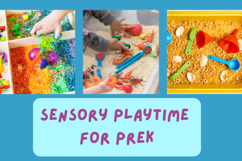 A series of 3 photos depicting colorful bins with sensory objects in them for playtime and the words "Sensory Playtime for PreK"