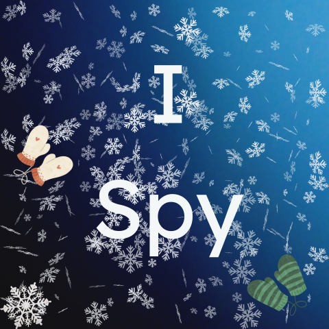 White snowflakes swirl on a blue background. Two pairs of mittens frame white text that reads "I Spy."