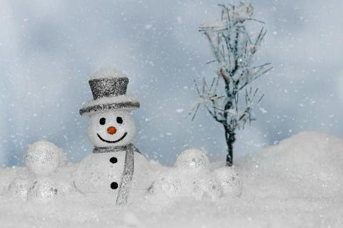 Snowy backdrop with a craft snowman. 