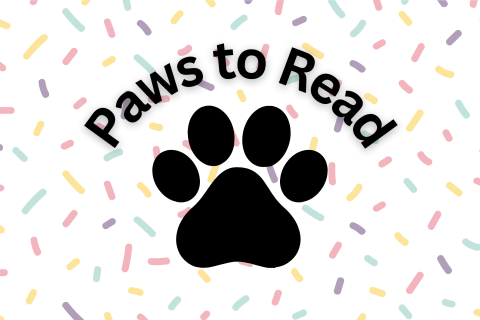 text "Paws to Read" with confetti background