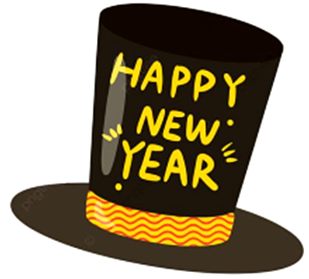 A black top hat with yellow text reading, "Happy New Year."