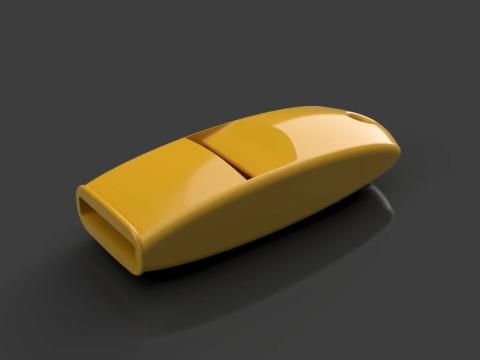 Image of a yellow whistle on a black background. 