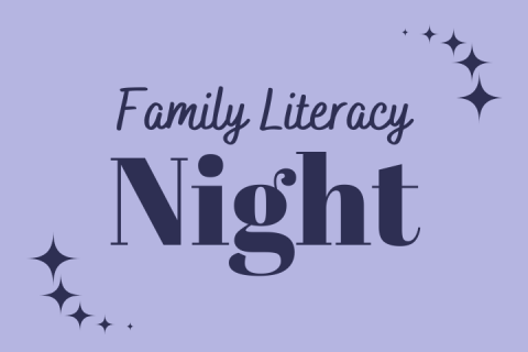 text "Family Literacy Night", purple background with purple stars