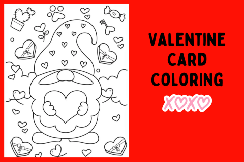 red background, text "Valentine Card Coloring", uncolored picture of a valentine gnome.