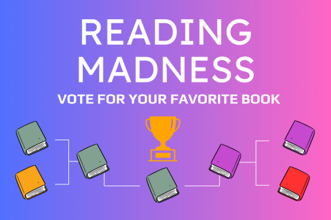 Text Reading Madness vote for your favorite book. Image displays bracket tournament of books.