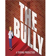 An illustrated graphic with the words "The Bully" in large white text against a red brick wall. A boy is standing in front of the wall, and a large shadow is cast over the wall by someone standing out of the frame. 