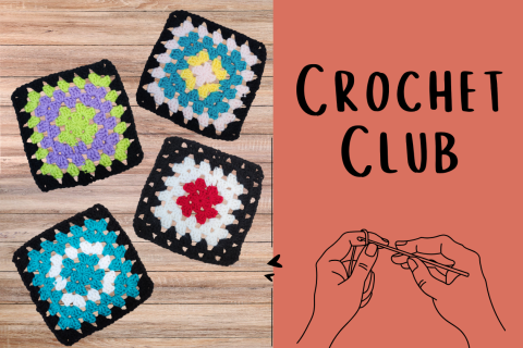 text: Crochet Club, image: four colorful granny squares