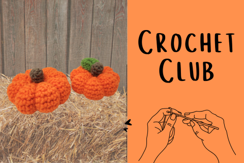 Crochet Club text, hay with two orange crocheted pumpkins