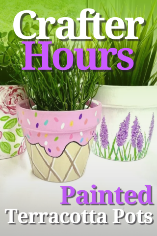 Image of painted terracotta pots with the text "Crafter Hours - Painted Terracotta Pots" overlaid