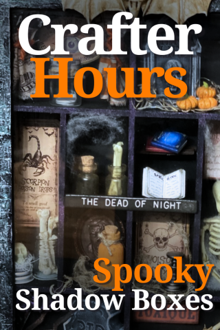 Image of a shadow box full of halloween decorations with the text "Crafter Hours - Spooky Shadow Boxes" overlaid.