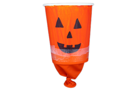 jack-o-lantern design cup with a half balloon taped to the bottom