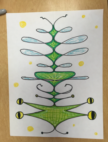 A drawing of a fantastical green insect with multiple wings and four eyes. The creature is made from the name "Michelle" written in cursive and mirrored to create the insect.