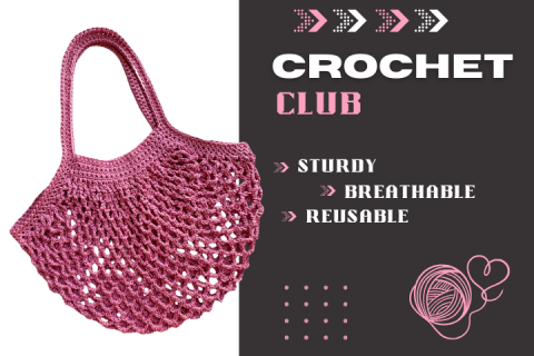 image: pink, crochet, market bag, text: Crochet Club