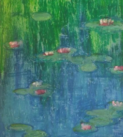 An emulation of Claude Monet's waterlilies, drawn with oil pastels. The water is various shades of blue and green, with multiple lily pads. Some of the lily pads have pink flowers, some of them do not.