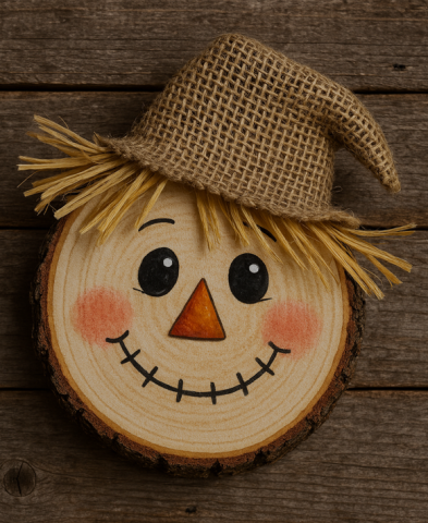 Wooden disc painted as a scarecrow with straw hair