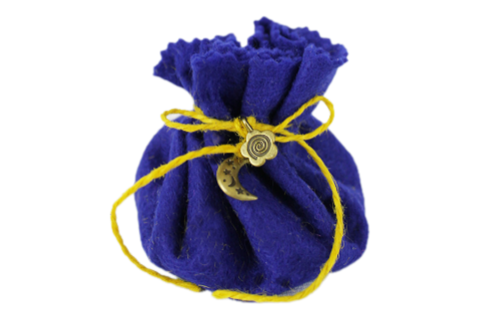 Blue pouch tied with yellow string. A moon and flower charm attached to the string.