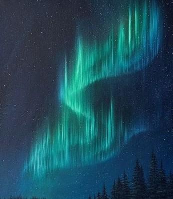 A painting of green aurora borealis above the silhouettes of evergreen trees on a blue-black night sky.