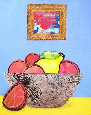 A still-life collage of oranges and single green pear in a gray and black bowl, sitting on a yellow table in front of a blue wall with a colorful abstract painting in an ornate gold frame. The fruits in the bowl all have thick crayon outlines and are filled in with watercolors.