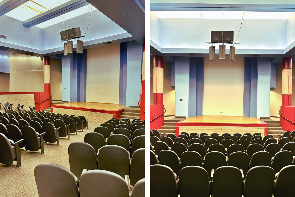 The Auditorium at Main Library showing stadium seating and a view of the stage. 