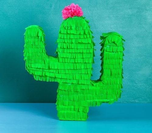 Green cactus pinata with a blue background.