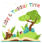 Landscape on an open book with text, "Baby & Toddler Time"