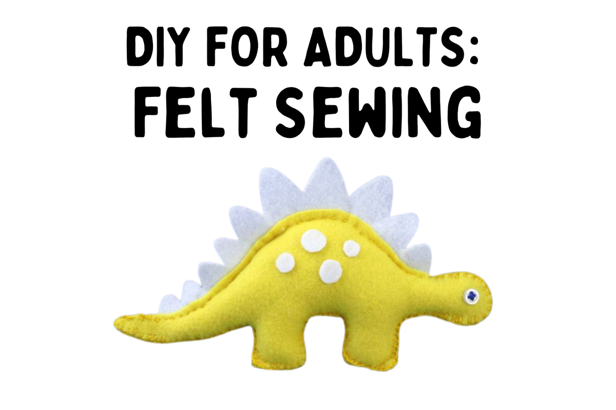 text: DIY for Adults: Felt Sewing, picture: felt yellow dinosaur