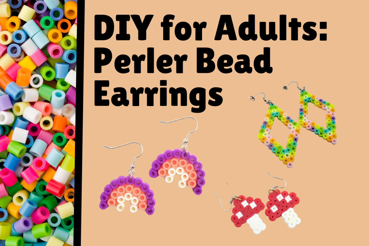 text "DIY for Adults: Perler Bead Earrings", orange background and loose perler beads on one side.