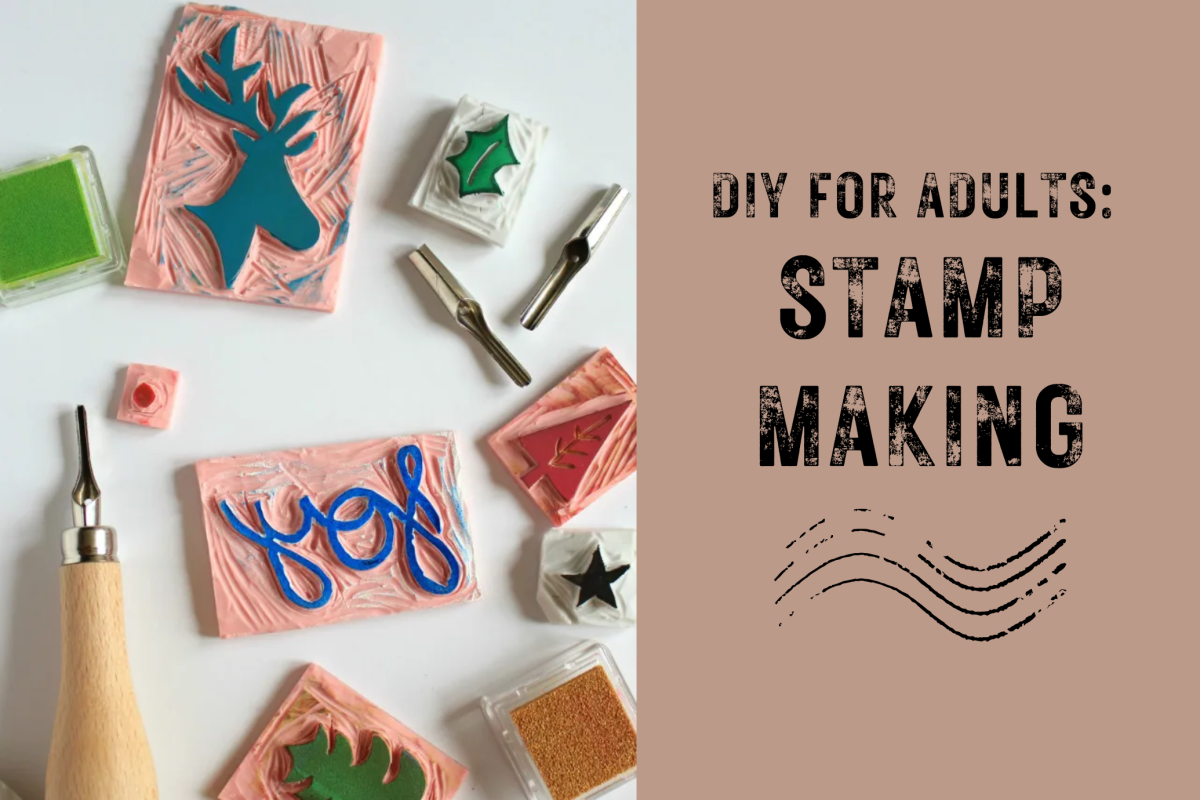 text "DIY for Adults: Stamp Making" picture handmade stamps and tools