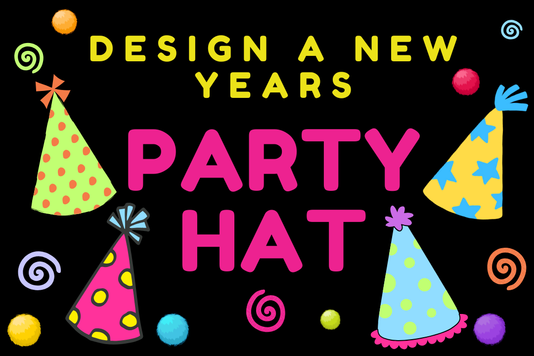 Text design a new years party hat. surrounded by four party hats, squiggles, and pompoms.