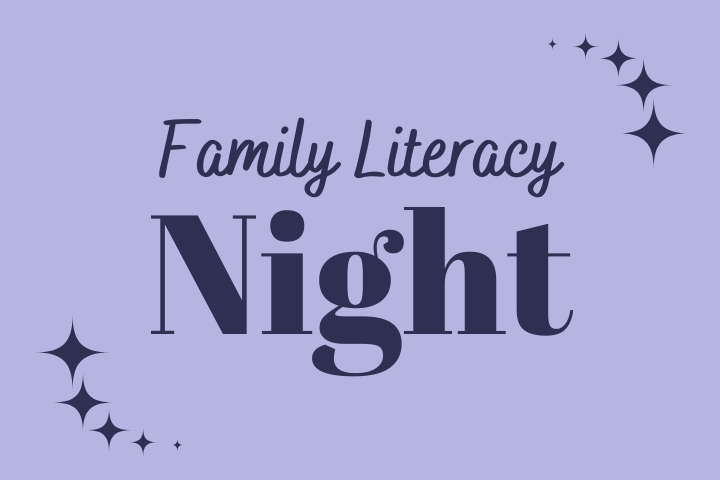 Family Literacy Night text with purple background