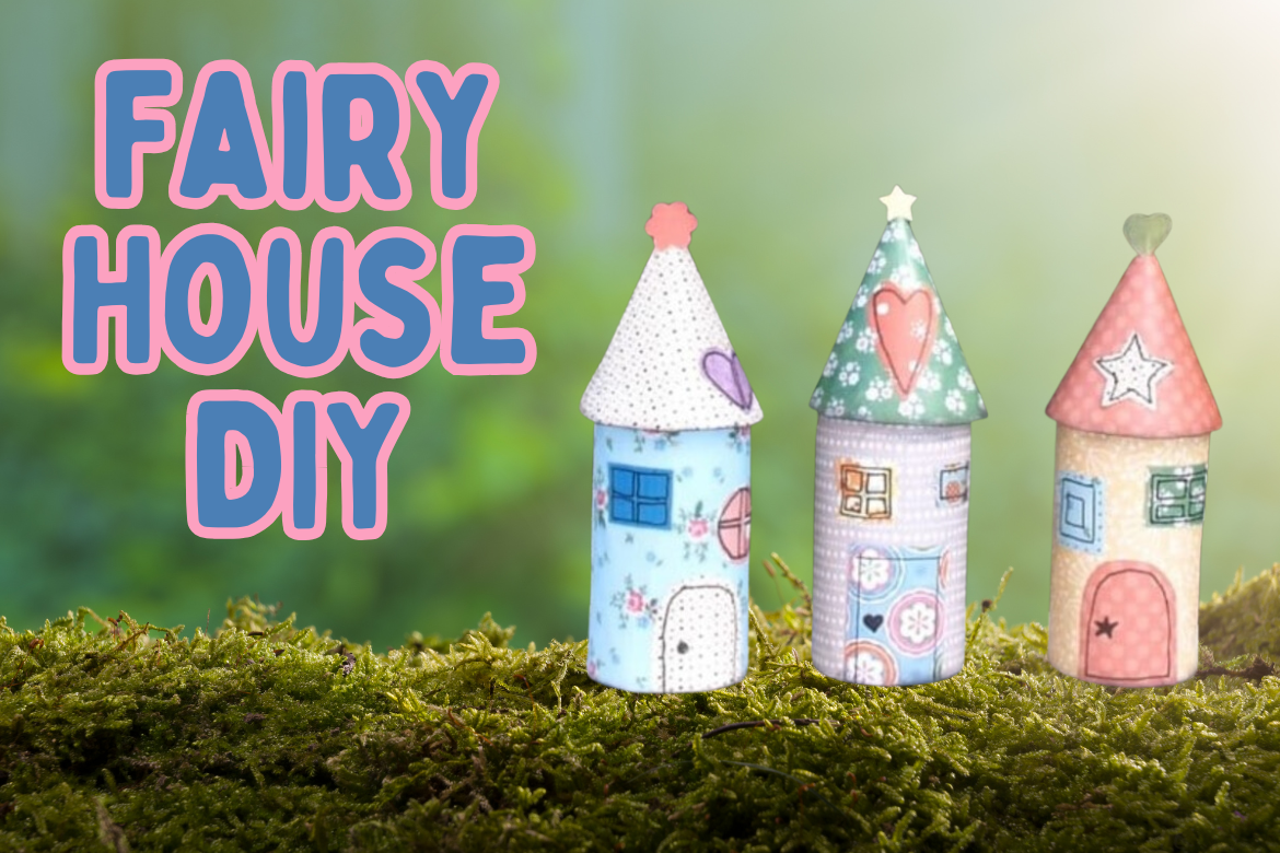 text "Fairy House DIY", image-mossy ground with 3 fairy houses