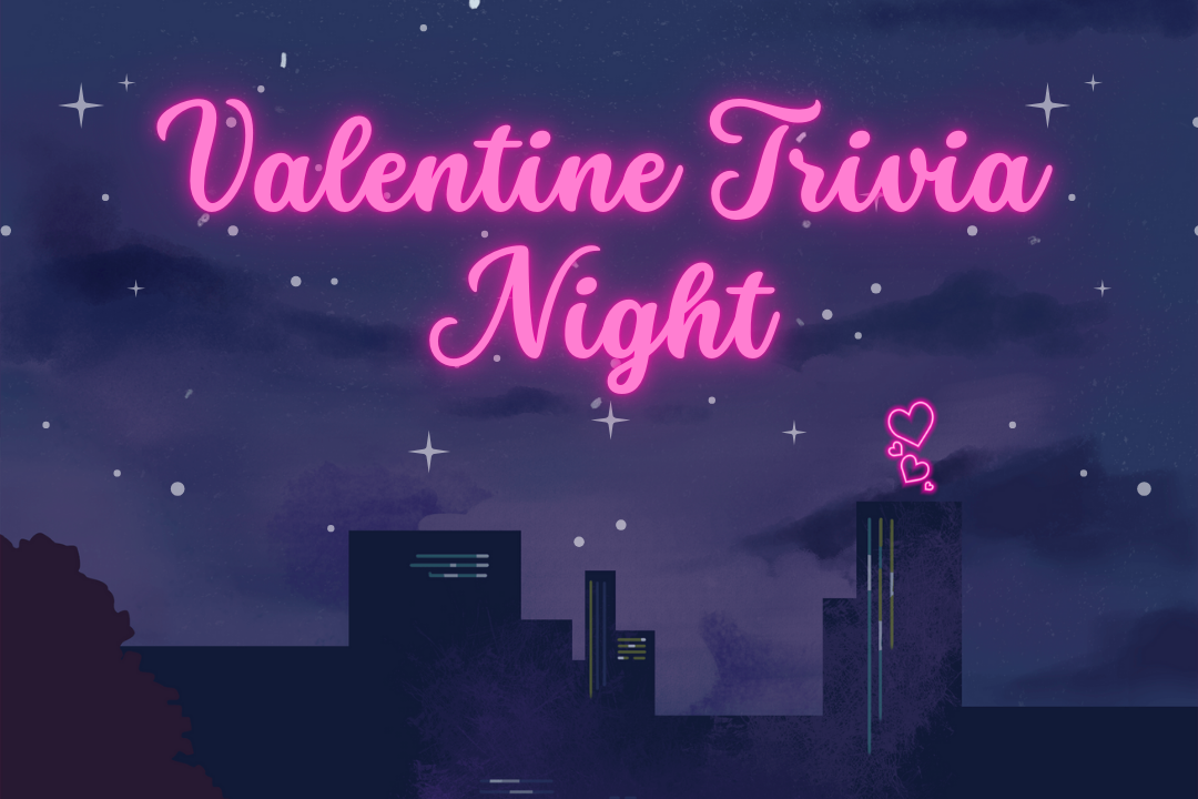 text "Valentine Trivia Night", background starry cityscape