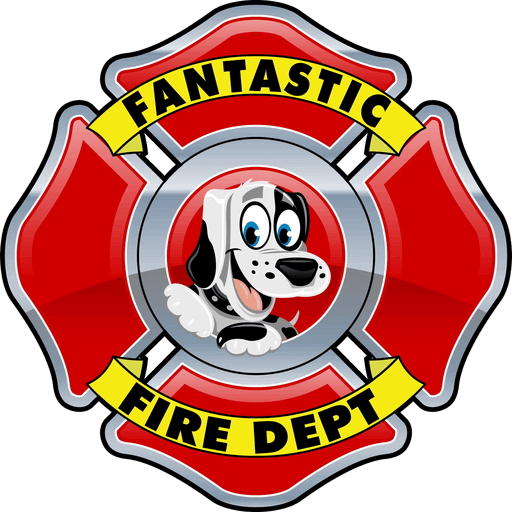 Red firefighter crest with a dalmatian in the middle