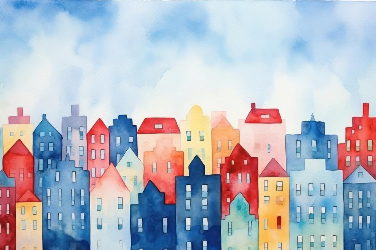 Watercolor image of colorful houses