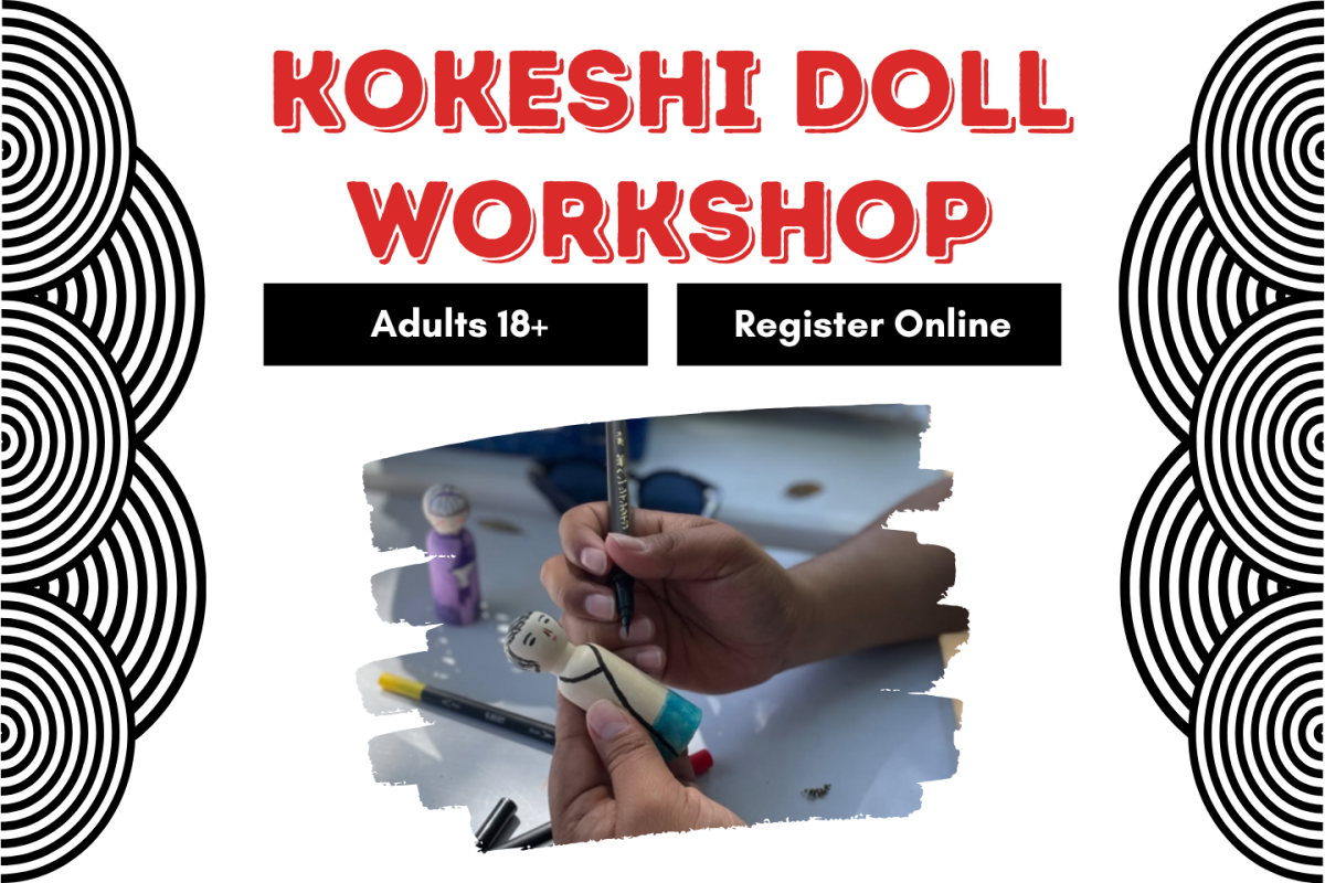 text: Kokeshi Doll Workshop, image: wooden doll being decorated