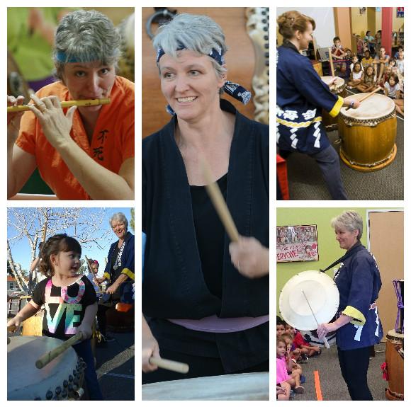 Pictures of Eileen Morgan performing taiko drumming