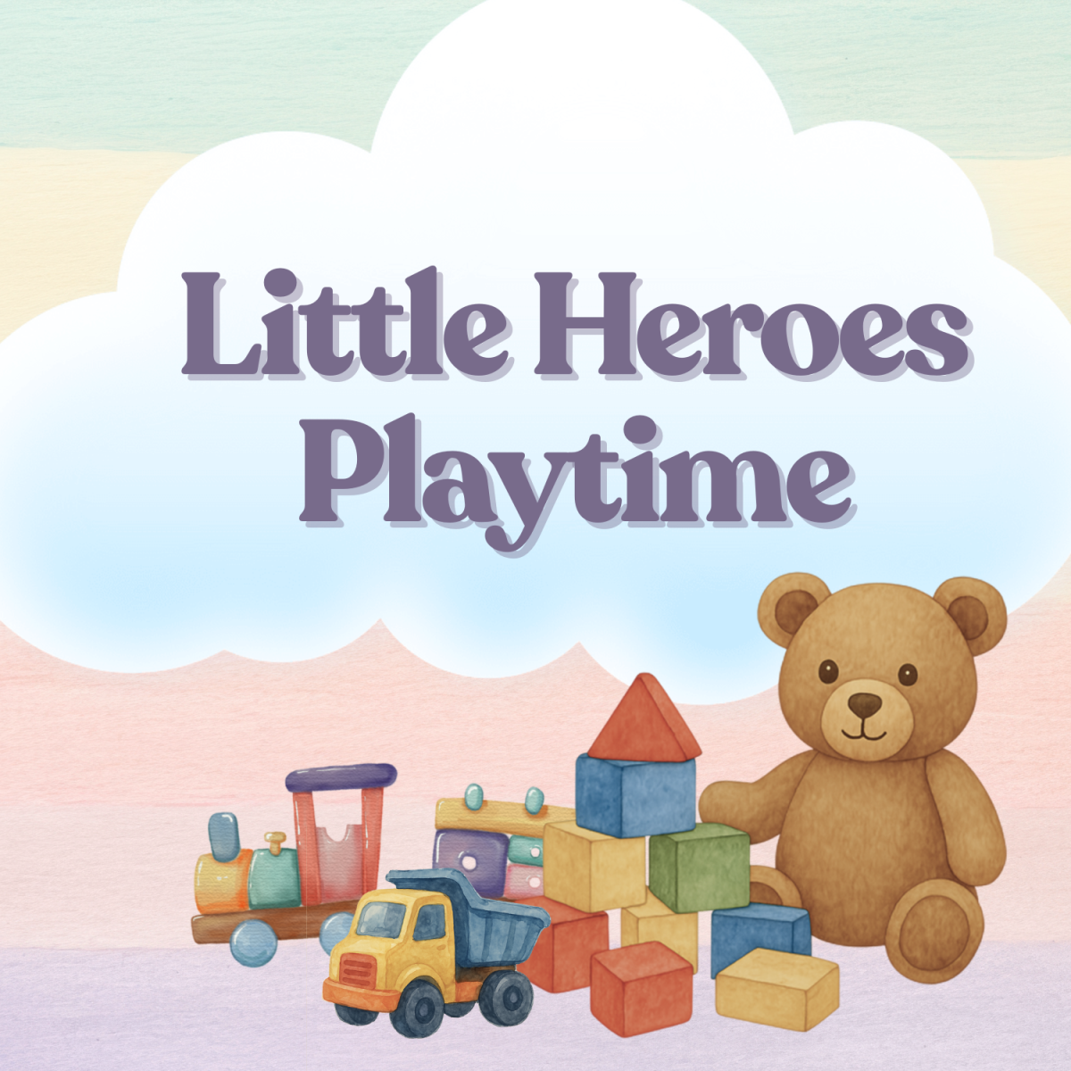 Rainbow background with wooden blocks and a teddy bear