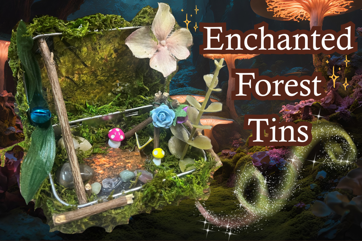 Text "Enchanted Forest Tins" altoid tin repurposed using nature elements.