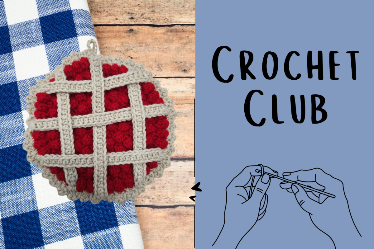 text: Crochet Club, images: crochet cherry pie pot holder