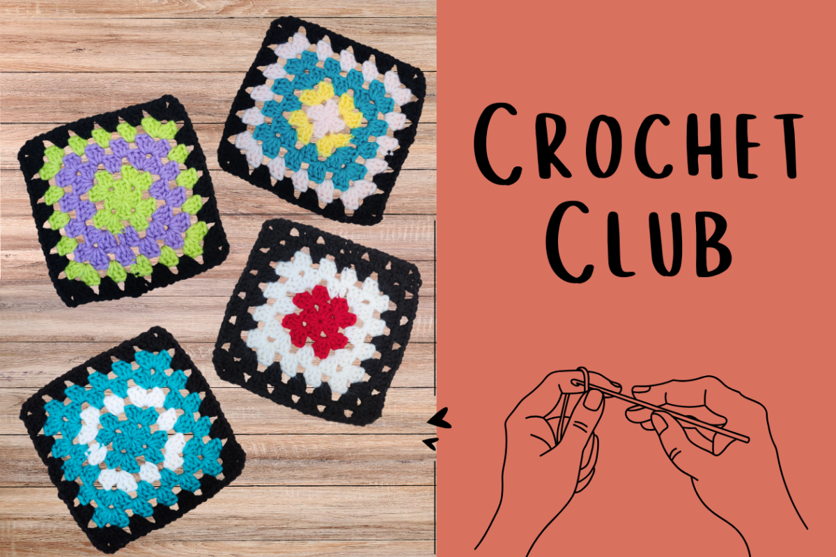 text: Crochet Club, image: four colorful granny squares
