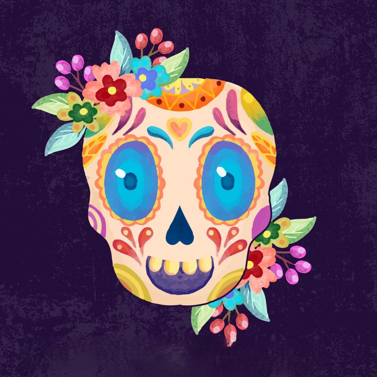 Colorfully decorated sugar skull on a purple background 