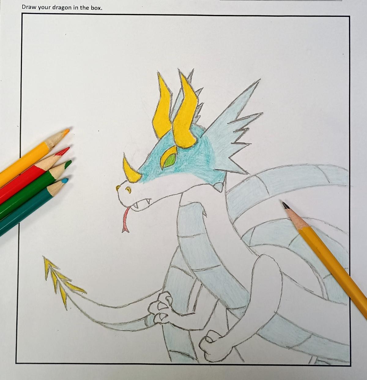 A dragon drawn in pencil and not completely colored in.